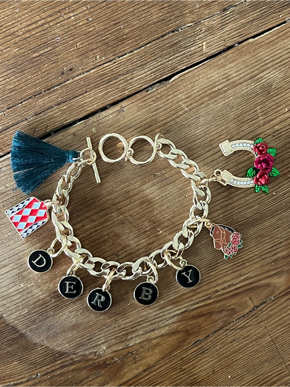 Kentucky Derby Charm Bracelet Gold Tone Teal Tassel Equestrian